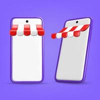 Smartphone with shop canopy icon set. Online shop 3d render vector objects