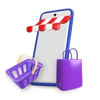 Smartphone with shop canopy. Store awning on mobile phone mockup. Realistic vector illustration of phone , shopping cart , and packages