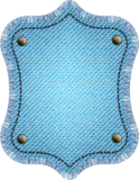 Blue denim patch with stitch, rivets and fringe. Light blue denim. Vintage patch png