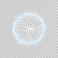 Blue Ball lightning on a transparent background. Vector illustration, abstract electric lightning strike in the dark blue sky. Light flash, thunder, spark.