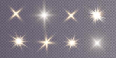 Set of Vector yellow glowing light effect stars bursts with sparkles on transparent background. Transparent stars