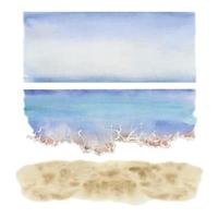Hand drawn watercolor seascape. Water and surf on the beach with water and sky landscape. Isolated on white background. Design wall art, wedding, print, fabric, cover, card, tourism, travel booklet. vector