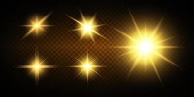 Golden stars on a black background. The effect of glow and rays of light, glowing lights, sun.vector. vector