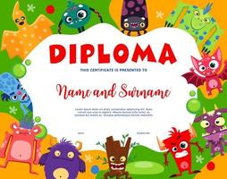 niños diploma, dibujos animados gracioso monstruos caracteres vector