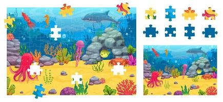 Jigsaw puzzle game pieces, underwater landscape vector