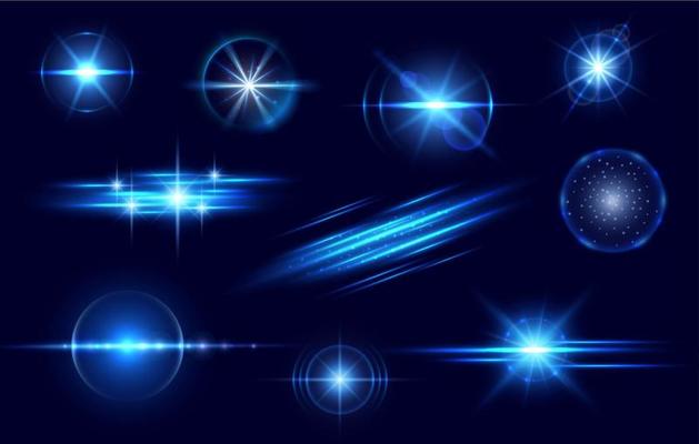 Blue light flare and flash effect, star glow set