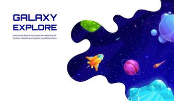 Space landing page, cartoon spaceship in galaxy vector