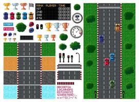 Pixel race, arcade game top view, 8 bit car racing vector