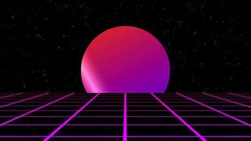 synthwave estética ficção científica retro cyberpunk néon roxa Sol e cidade construção fundo
