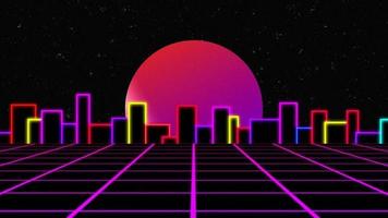 synthwave aesthetics sci-fi retro cyberpunk neon purple sun and city building background video