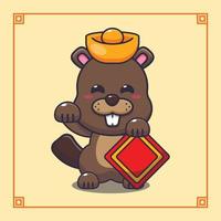 Cute lucky beaver in chinese new year cartoon vector Illustration.