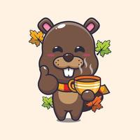 Cute beaver with coffee in autumn season. vector