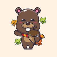 Cute beaver with acorns at autumn season. vector