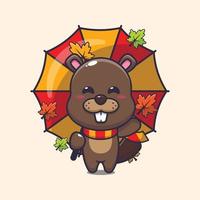 Cute beaver with umbrella at autumn season. vector