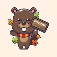 Cute beaver with autumn sign board. vector