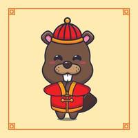 Cute beaver with red chinese costum in chinese new year. vector