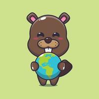 Cute beaver hugging earth cartoon vector illustration.