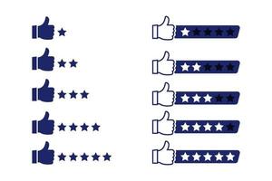 Level of satisfaction. Feedback evaluation with thumbs up. Customer review. User reviews with five stars ranking. Rating stars set. Isolated Vector illustration.