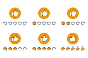 Level of satisfaction. Feedback evaluation with thumbs up. Customer review. User reviews with five stars ranking. Rating stars set. Isolated Vector illustration.