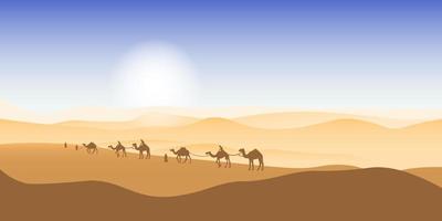 Camel caravan passing through the desert. African landscape. You can use for islamic background, banner, poster, website, social and print media. Vector illustration.