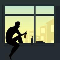 The silhouette of the smoker in the window of the house. Drunk man drinking alcohol alone. Alcohol addiction suffers from alcoholism problem. Vector illustration