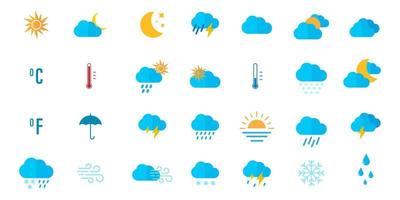 Weather icon set. Sunny, cloudy, rainy, stormy, hot degrees sun. Seasons. Vector illustration