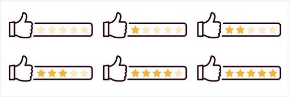 Level of satisfaction. Feedback evaluation with thumbs up. Customer review. User reviews with five stars ranking. Rating stars set. Isolated Vector illustration.