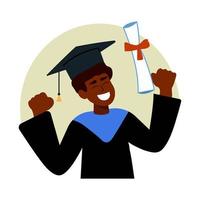 A cheerful black male graduate celebrates his graduation with a diploma and a graduate cap on his head. Concept for happy graduation poster or card template design. Vector drawing