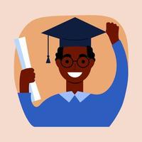 un alegre negro masculino graduado celebra su graduación con un diploma y un graduado gorra en su cabeza. concepto para contento graduación póster o tarjeta modelo diseño. vector dibujo