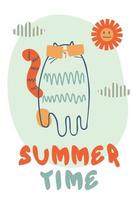 Slogan SUMMER TIME in retro style with cat in sunglasses. vector