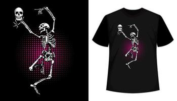 gracioso esqueleto bailando vector camiseta diseño. negro t camisa con esqueleto cabeza.