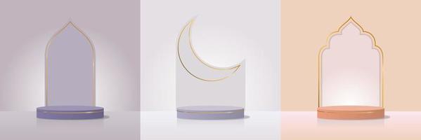 conjunto minimalista islámico ornamento pedestal podio con lujo dorado línea en ligero suave color. producto monitor presentación. vector ilustración eps10