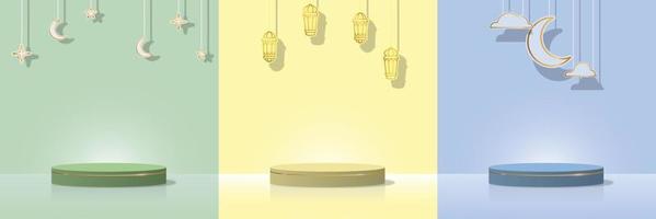 minimalist pedestal podium in soft color with cloud, moon, star and lantern ornament. product display presentation. vector illustrations EPS10