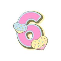 Number six with donuts, baby month cards. Monthly milestone. Birthday Party Invitation, card, badge. Vector