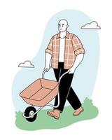 Gardening man with wheelbarrow. Spring gardening concept. Vector flat illustration.