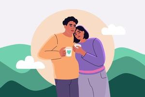 Cute couple hugging and drinking hot tea, coffee. Trendy illustration of man and woman in love. Concept of romantic Hygge lifestyle. vector