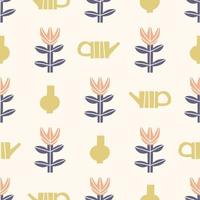 Seamless floral pattern with funnels and vases. Simple abstract flowers vector