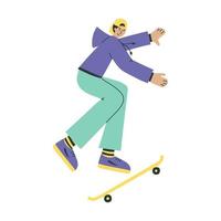 Hand drawn man skateboarder in motion. Flat style character illustration vector