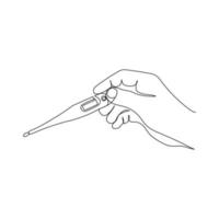 Hand holding thermometer. One line art. Hand drawn vector illustration.