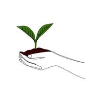 creciente planta en mano palmas manos participación un brote. uno línea Arte. naturaleza, ecología concepto. ambiente tierra día. vector