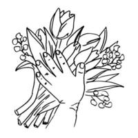 Children hand and tulips. Spring illustration for Happy Mothers day, Children day, Womans day. Vector illustration. Coloring page for children.