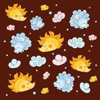 pattern with hedgehogd, clouds, dots and suns. Cute childish characters. Vector illustration for National Pet Month, hedgehog day, print for textile.