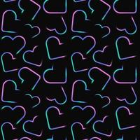 Cool seamless pattern with bright neon hearts isolated on black background. Gradient turquoise, purple and pink heart aesthetic square template for social media post. Retro print in y2k style vector