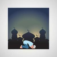 greeting card eid mubarak with boy flat design character and mosque vector