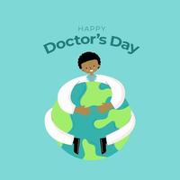 Happy Doctors Day. Black Skin Cartoon Cute Doctor Hug a Globe vector