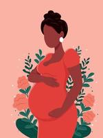 Healthy pregnancy banner. Beautiful pregnant black woman hugs her belly. The concept of pregnancy and motherhood. Healthy pregnancy. Vector illustration in cute cartoon style.