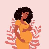 sano el embarazo. hermosa embarazada negro mujer abrazos su barriga. el concepto de el embarazo y maternidad. sano el embarazo. vector plano ilustración.