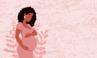 Healthy pregnancy banner. Beautiful pregnant black woman hugs her belly. The concept of pregnancy and motherhood. Healthy pregnancy. Vector illustration in cute cartoon style.