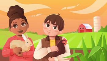 Children with animals in the farm courtyard. vector