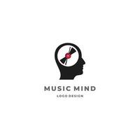 music mind logo design. human head combine with vinyl disc cassette logo concept vector